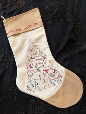 Dog-Themed Holiday Stocking - Neutral Beige & White